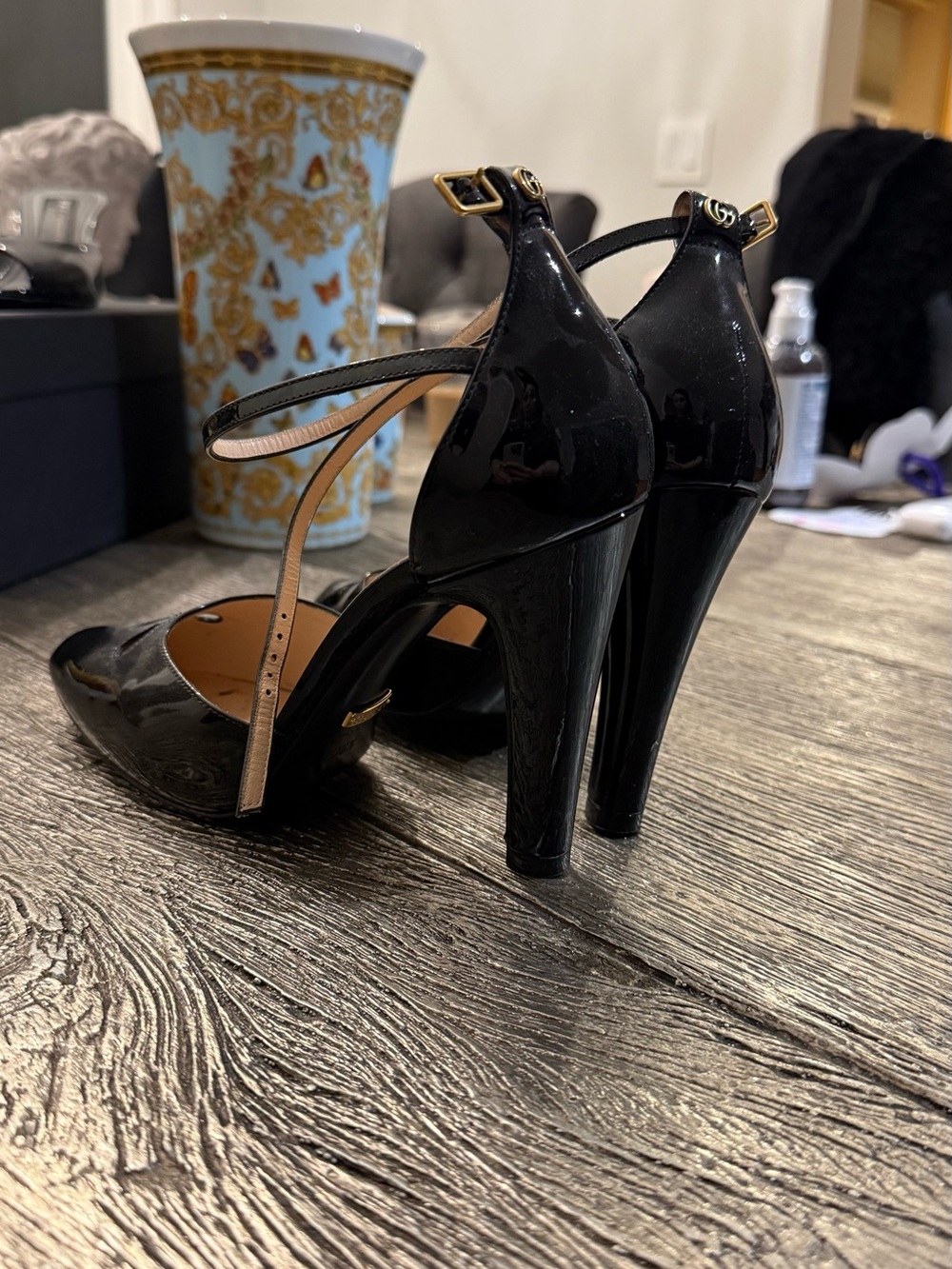 Gucci Black Patent Leather Pointed-Toe Ankle-Strap Heels - Picture 4 of 5